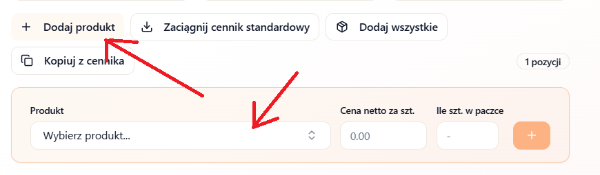 Dodawanie produktu ręcznie — wyszukiwarka produktów, cena, paczka