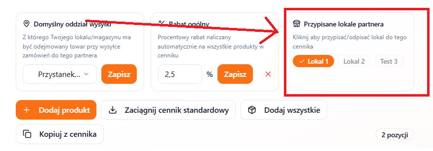 Przypisywanie lokali partnera do cennika — badge z ptaszkiem dla przypisanych