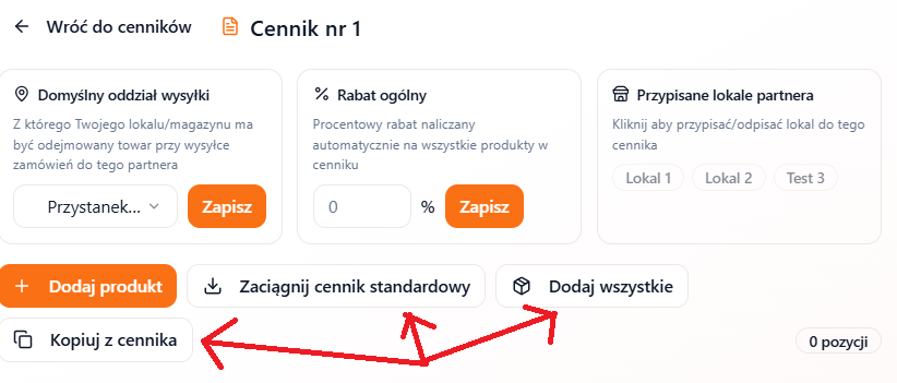 Przyciski szybkiego dodawania — Zaciągnij standardowy, Dodaj wszystkie, Kopiuj z cennika