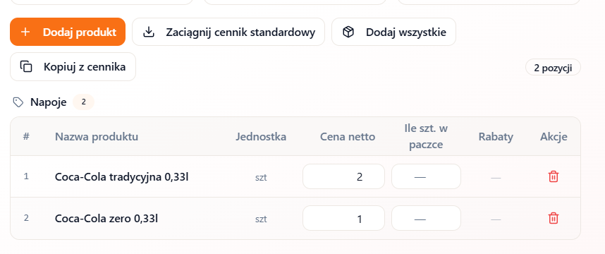 Tabela produktów w cenniku — nazwa, cena netto, paczka, rabat, akcje