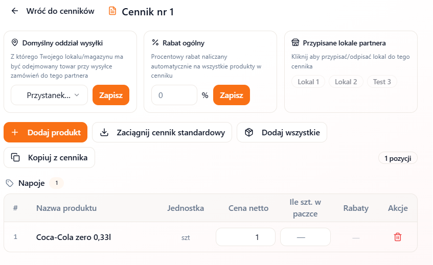 Ustawienia cennika — oddział źródłowy, rabat ogólny, przypisane lokale partnera