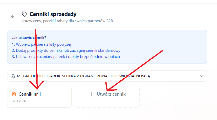 Tworzenie nowego cennika — kafelek Utwórz cennik i pole nazwy