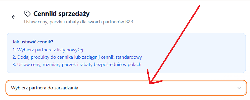 Panel cenników — wybór partnera z listy rozwijanej