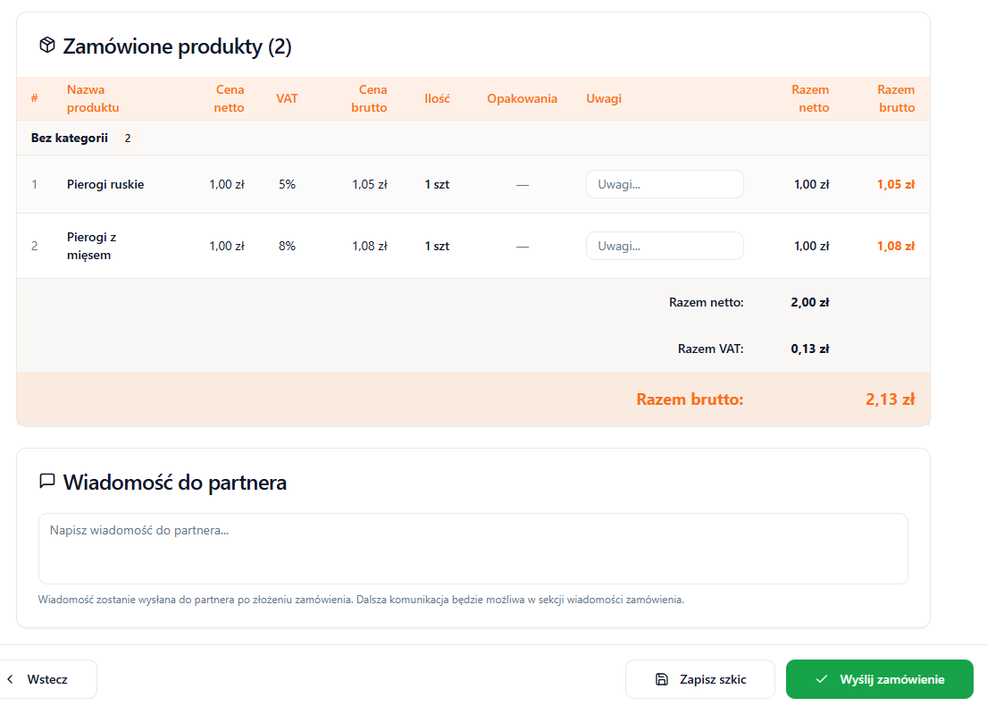 Podsumowanie zamówienia — tabela produktów, kwoty, wiadomość do partnera, przyciski akcji