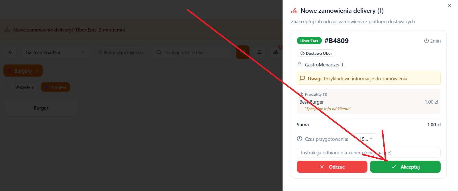Akceptacja zamówienia delivery z opcją instrukcji dla kuriera
