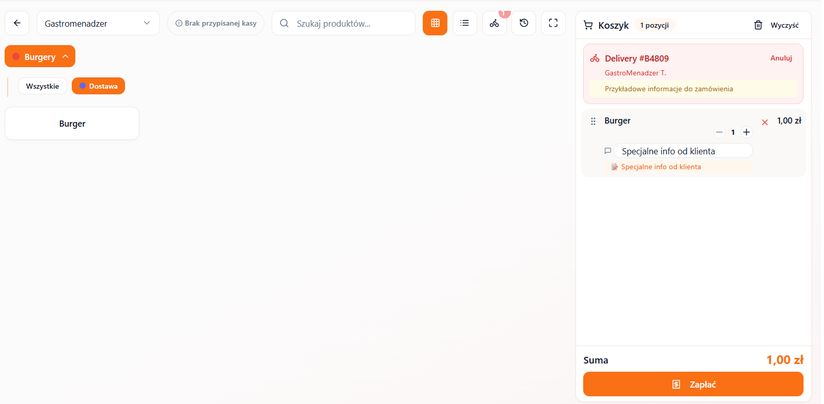 Zamówienie delivery załadowane do koszyka POS