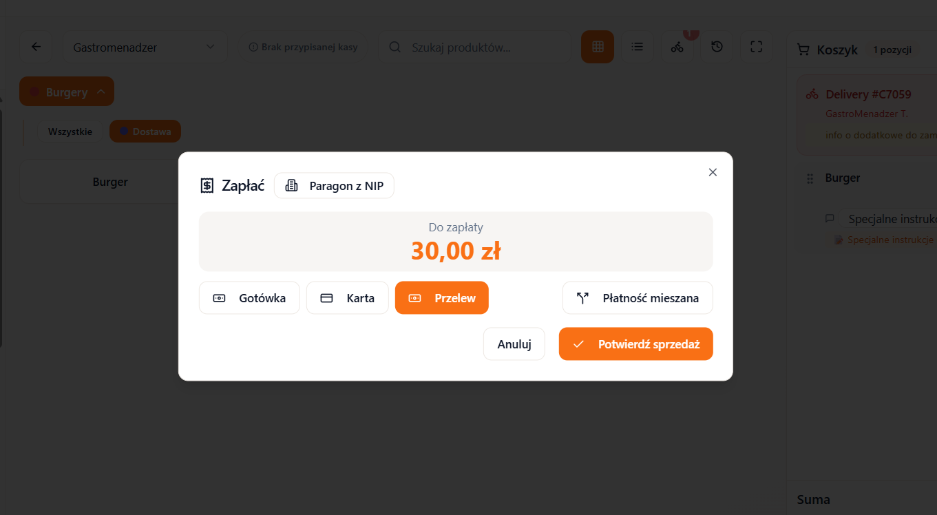 Finalizacja zamówienia delivery — wybór metody płatności i druk paragonu