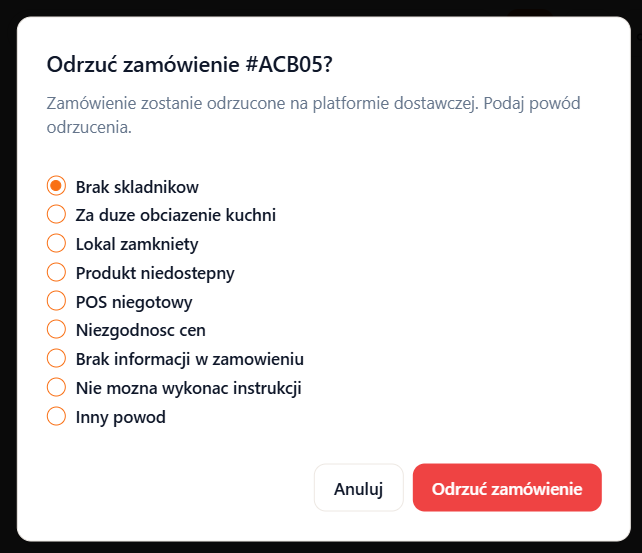 Okno modalne z wyborem powodu odrzucenia zamówienia