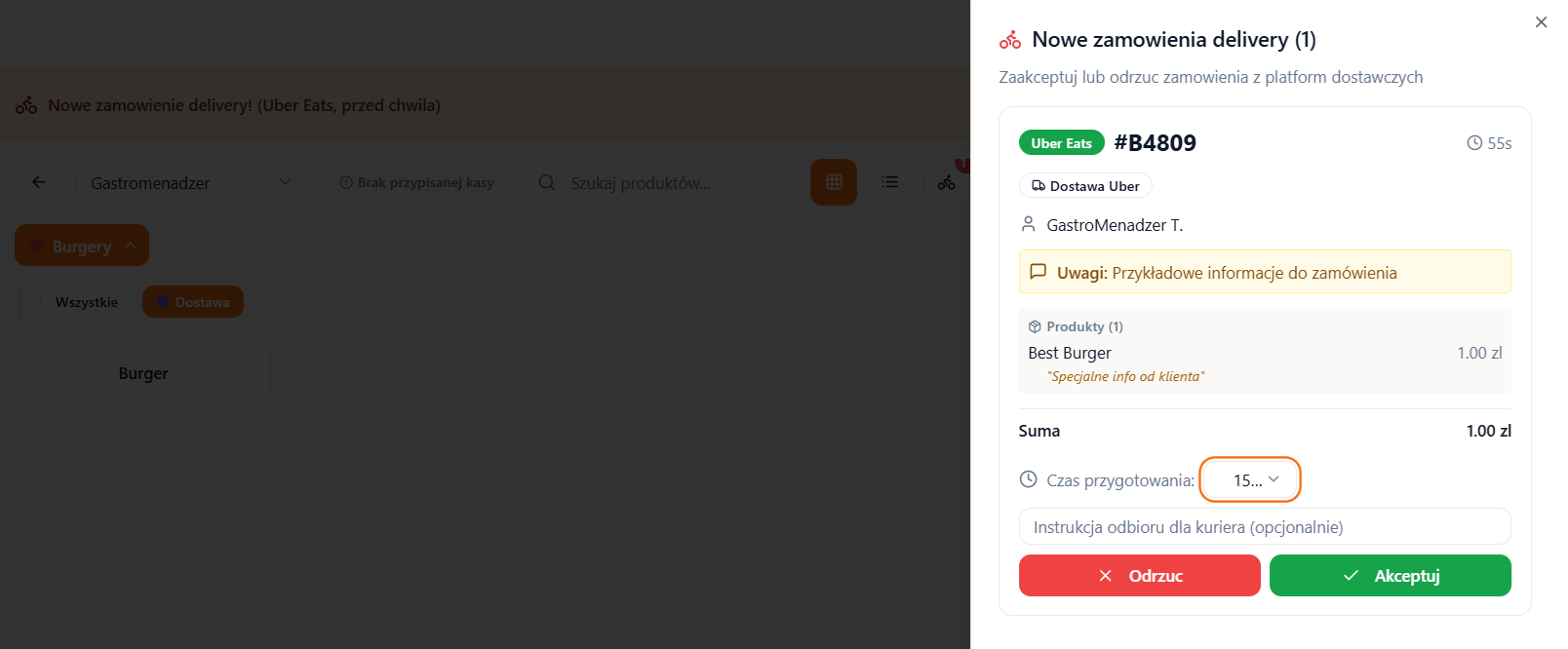 Szczegóły zamówienia delivery — lista produktów, dane klienta, kwota