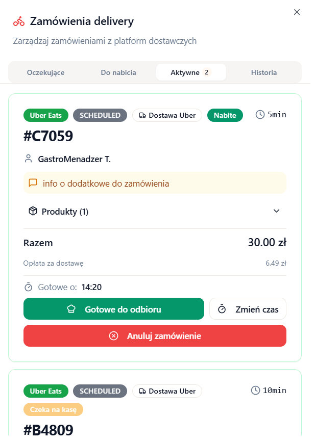 Panel zamówień delivery — zakładki Oczekujące, Do nabicia, Aktywne, Historia