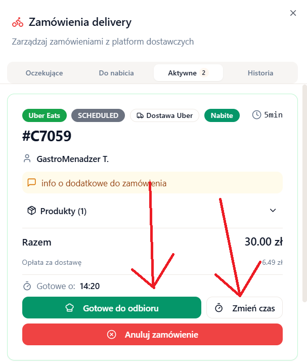 Przyciski: Zmień czas przygotowania i Gotowe do odbioru
