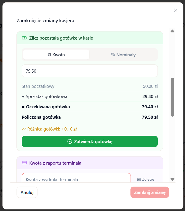 Okno zamknięcia zmiany — sekcje: gotówka, sejf, terminal, delivery