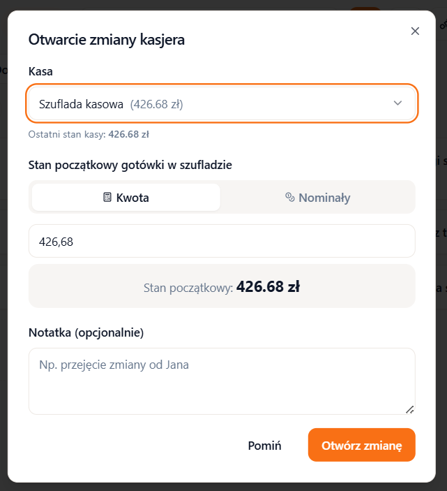 Okno otwarcia zmiany — pole do wpisania stanu kasy i przycisk Otwórz zmianę