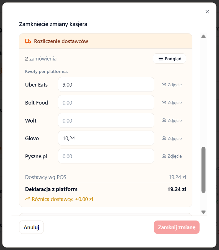 Sekcja platform dostawczych — pola kwot per platforma i lista zamówień