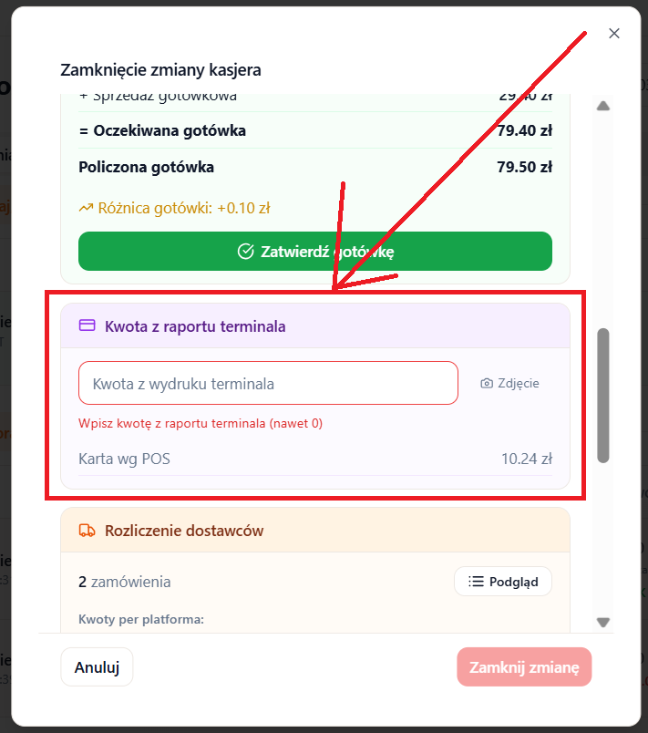 Sekcja terminala — pole kwoty, zdjęcie raportu i wynik porównania